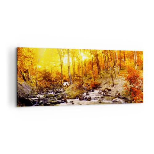 Obraz na płótnie - Jesienny las z potokiem wśród złotych liści - 120x50cm - Kamienie oprawne w złoto i platynę - Nowoczesna dekoracja ścienna do salonu i sypialni ARTTOR