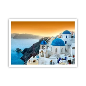 Plakat - Widok na Santorini z białymi budynkami i błękitnym morzem - 100x70cm - Santorini - przytulone do skał - Nowoczesna dekoracja ścienna do salonu i sypialni ARTTOR