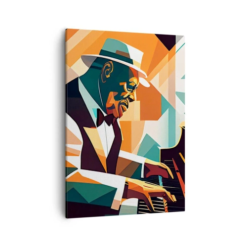 Obraz na płótnie - Stylizowany portret pianisty jazzowego w dynamicznych barwach - 50x70cm - Cały ten jazz - Nowoczesna dekoracja ścienna do salonu, kuchni i sypialni ARTTOR