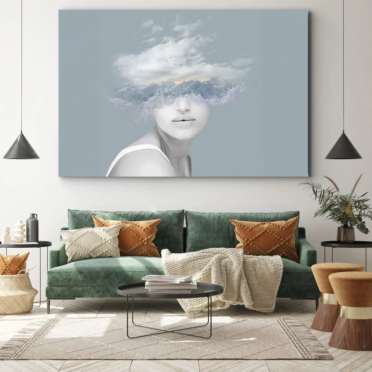 Obraz na płótnie - Portret kobiety z twarzą ukrytą za chmurami i falami - 70x50cm - Z głową w chmurach - Nowoczesna dekoracja ścienna do salonu i sypialni ARTTOR