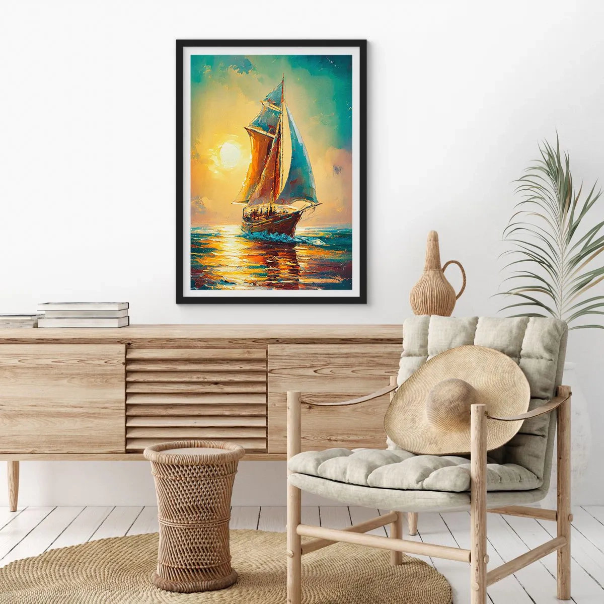 Plakat w czarnej ramie - Żaglowiec na tle złocistego zachodu słońca - 50x70cm - Pod pełnymi żaglami - Nowoczesna dekoracja ścienna do salonu i sypialni ARTTOR