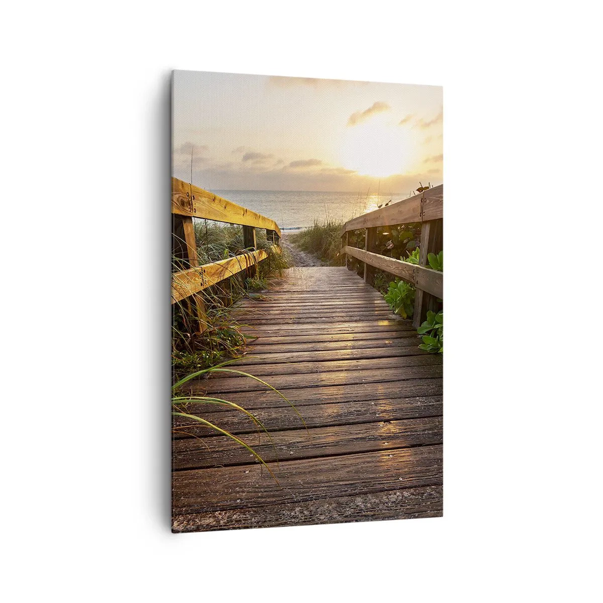 Obraz na płótnie - Drewniany pomost prowadzący na plażę o zachodzie słońca - 80x120cm - I wprost nad brzeg - Nowoczesna dekoracja ścienna do salonu i sypialni ARTTOR