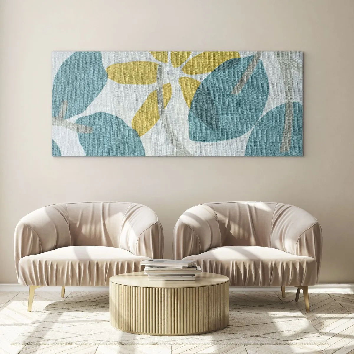Obraz na szkle - Liście w odcieniach turkusu i żółci na jasnym tle - 160x50cm - Wśród lazurowych liści - Nowoczesna dekoracja ścienna do salonu i sypialni ARTTOR