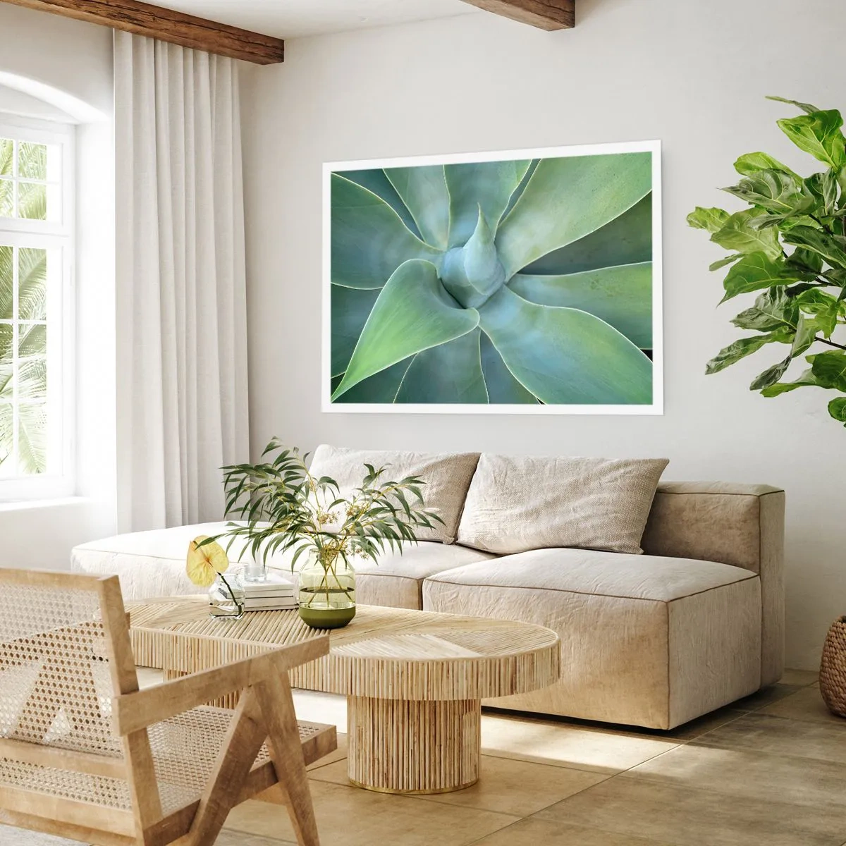 Plakat - Subtelne liście agawy w odcieniach zieleni - 100x70cm - Narodziny zieleni - Nowoczesna dekoracja ścienna do salonu i sypialni ARTTOR