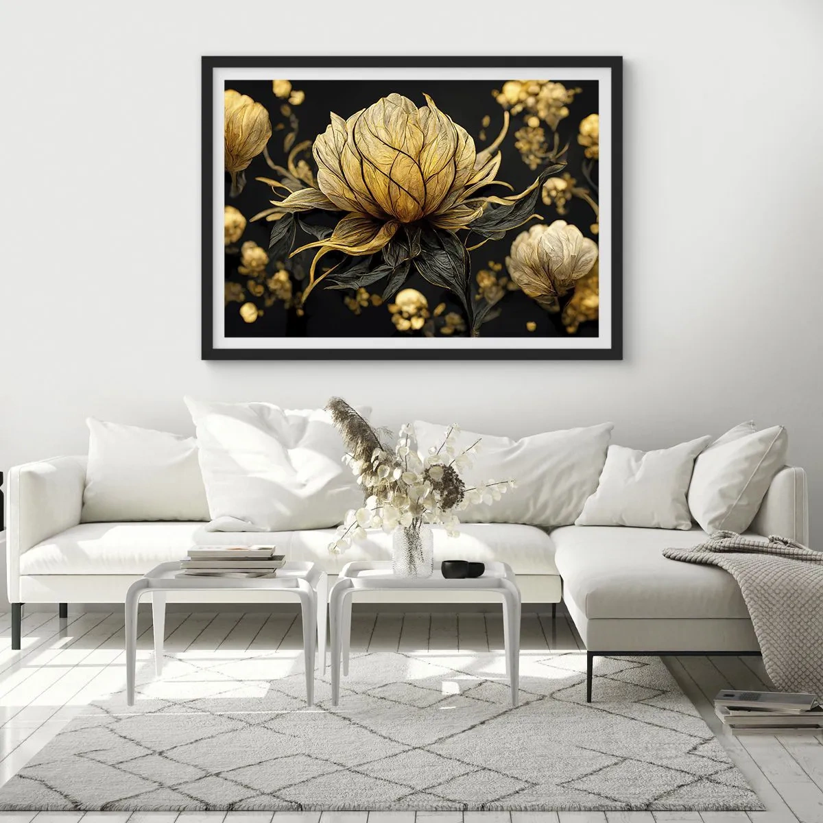 Plakat w czarnej ramie - Złoty kwiat na ciemnym tle - 100x70cm - Subtelna kruchość - Nowoczesna dekoracja ścienna do salonu i sypialni ARTTOR