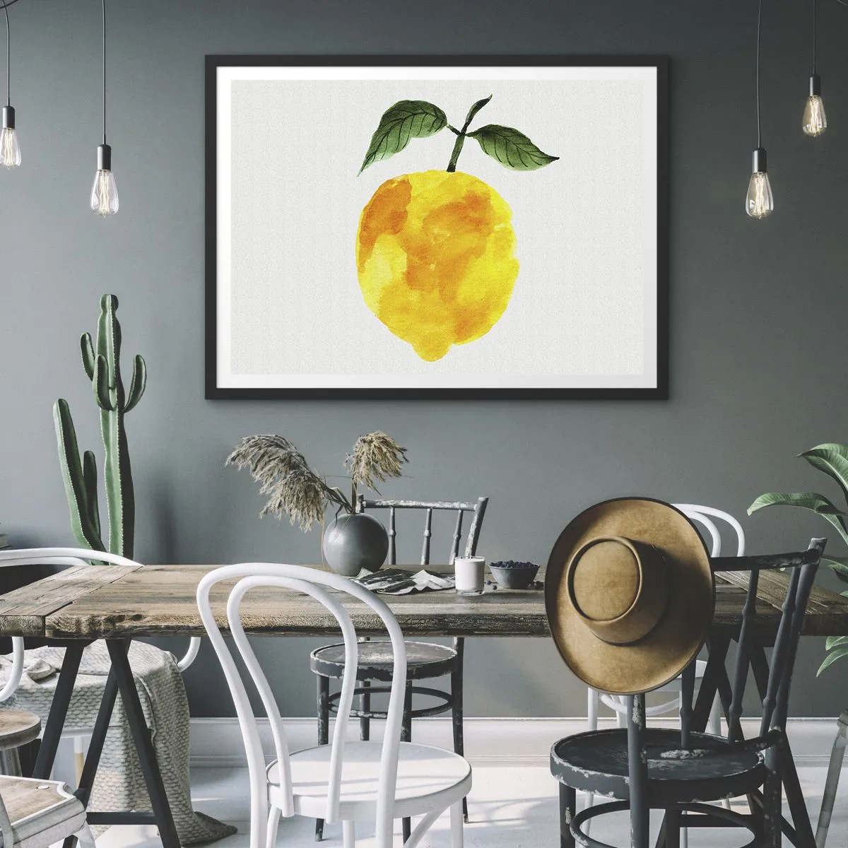 Plakat w czarnej ramie - Akwarelowa cytryna z zielonymi liśćmi na jasnym tle - 70x50cm - Jak poznać smak słońca - Nowoczesna dekoracja ścienna do salonu i sypialni ARTTOR