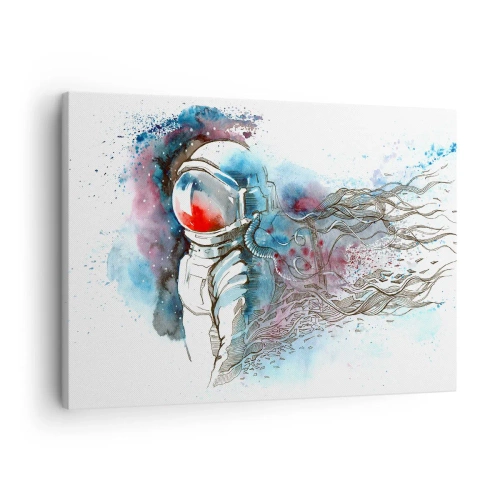 Obraz na płótnie - Kosmonauta w dynamicznej akwareli z kosmicznymi detalami - 70x50cm - Sam na sam z kosmosem - Nowoczesna dekoracja ścienna do salonu i sypialni ARTTOR