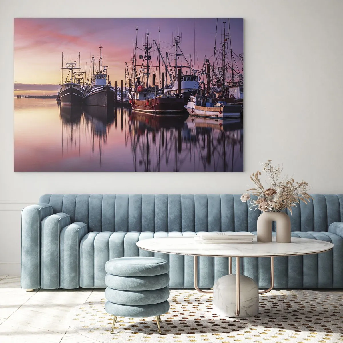 Obraz na szkle - Kutry rybackie o zachodzie słońca w spokojnym porcie - 70x50cm - Przed kolejnym dniem - Nowoczesna dekoracja ścienna do salonu i sypialni ARTTOR
