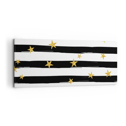 Obraz na płótnie - Czarno-białe pasy z złotymi gwiazdkami - 120x50cm - Wszyscy urodziliśmy się pod szczęśliwą gwiazdą - Nowoczesna dekoracja ścienna do salonu i sypialni ARTTOR