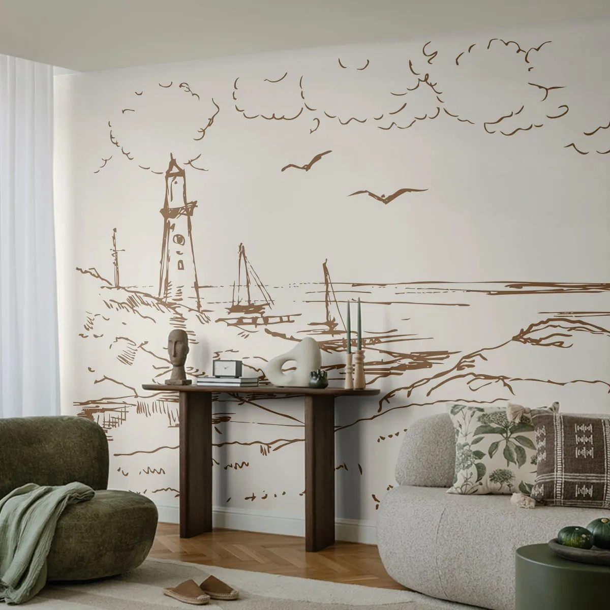 Fototapeta Premium Sand - Szkic latarni morskiej i wybrzeża w stylu vintage - 100x70cm - Zarys wspomnienia lata - Nowoczesna dekoracja ścienna do salonu, kuchni i sypialni ARTTOR