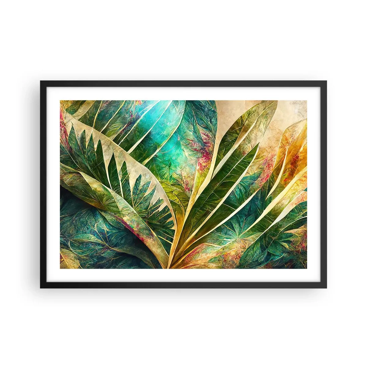 Plakat w czarnej ramie - Kolorowe liście tropikalne na jasnym tle - 70x50cm - Barwy tropików - Nowoczesna dekoracja ścienna do salonu i sypialni ARTTOR