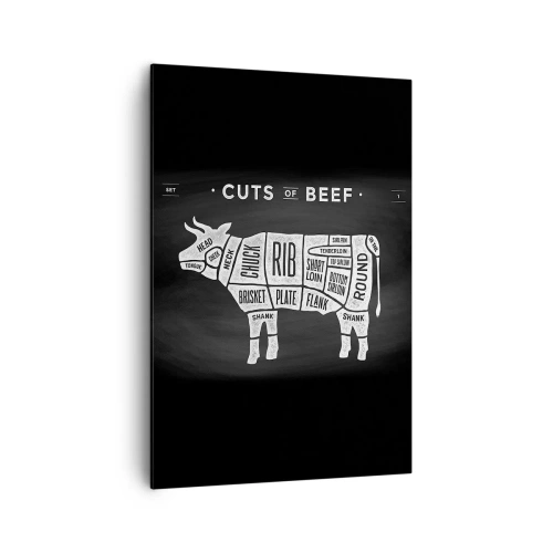 Obraz na płótnie - Diagram cięć wołowych na czarnym tle - 70x100cm - Elementarz masarza - Nowoczesna dekoracja ścienna do salonu i sypialni ARTTOR
