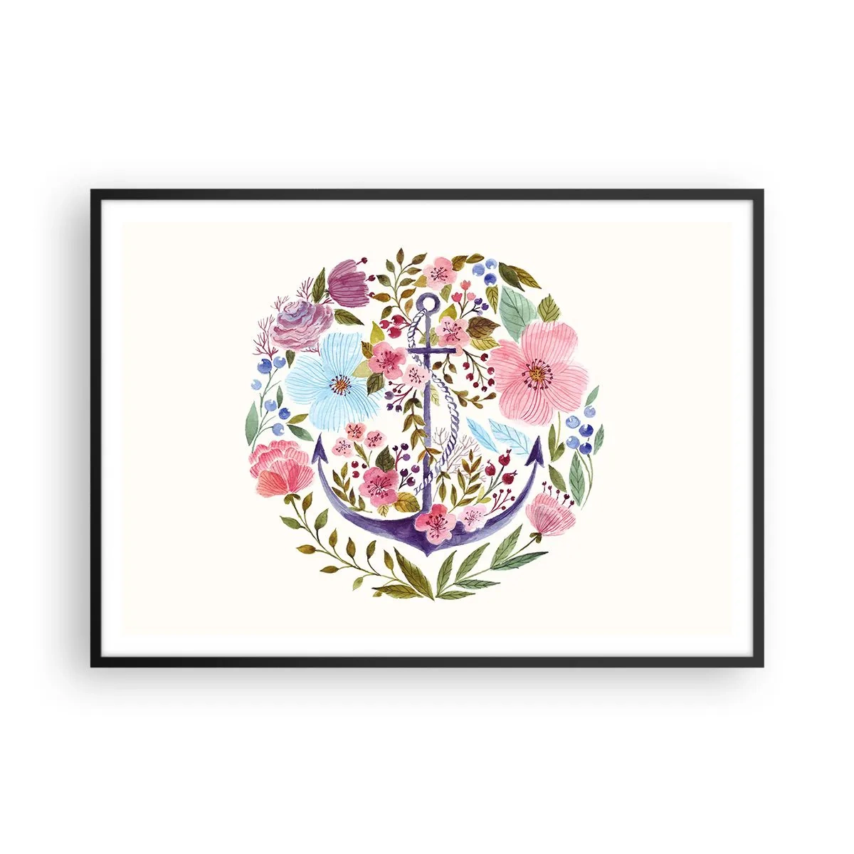 Plakat w czarnej ramie - Kotwica otoczona kwiatami w akwarelowym stylu na jasnym tle - 100x70cm - Dobry sen żeglarza - Nowoczesna dekoracja ścienna do salonu i sypialni ARTTOR