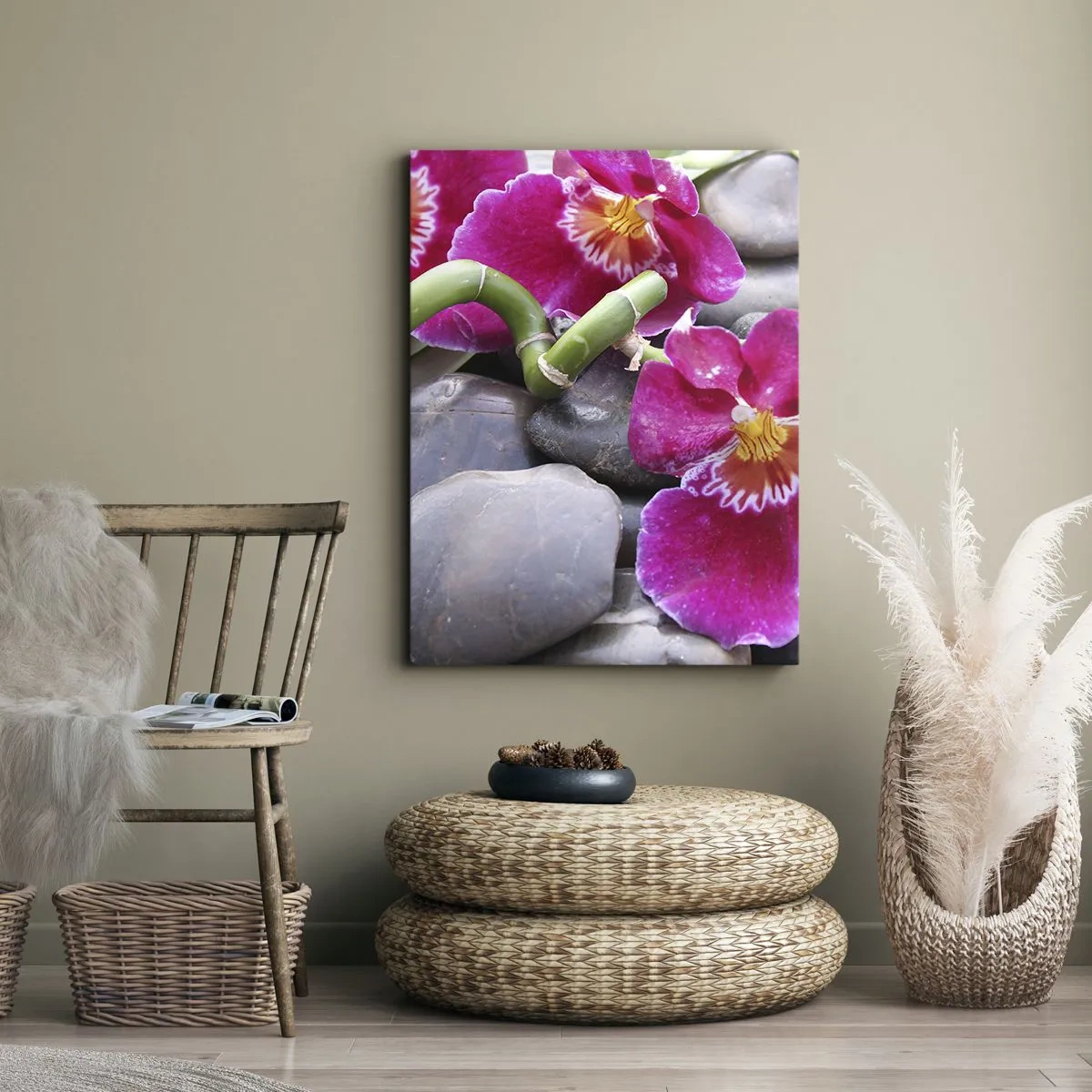 Obraz na płótnie - Różowe orchidee z bambusem na kamieniach w stylu spa - 50x70cm - Chłód i żar - Nowoczesna dekoracja ścienna do salonu, kuchni i sypialni ARTTOR