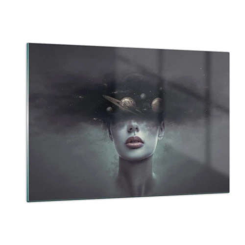 Obraz na szkle - Kobieta z planetami w miejscu głowy w surrealistycznej kompozycji - 120x80cm - A planety szaleją… - Nowoczesna dekoracja ścienna do salonu, kuchni i sypialni ARTTOR