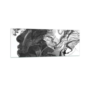 Obraz na szkle - Abstrakcyjna twarz w czerni i bieli z dynamicznymi liniami - 140x50cm - Zaplątana w marzeniach - Nowoczesna dekoracja ścienna do salonu i sypialni ARTTOR
