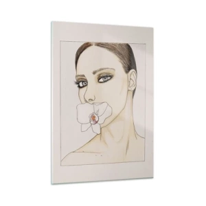 Obraz na szkle - Portret kobiety z orchideą w ustach na jasnym tle - 50x70cm - Symbol elegancji i piękna - Nowoczesna dekoracja ścienna do salonu, kuchni i sypialni ARTTOR
