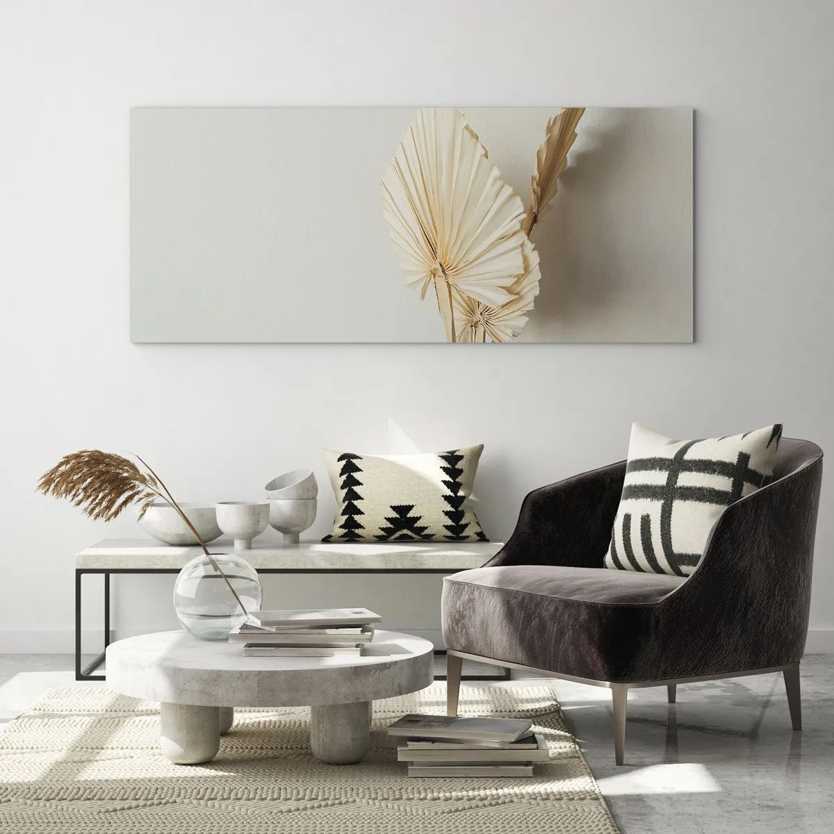 Obraz na szkle - Suszone liście palmowe w minimalistycznej aranżacji - 160x50cm - Gdy potrzebne ukojenie - Nowoczesna dekoracja ścienna do salonu i sypialni ARTTOR