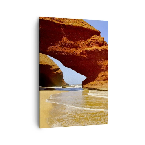 Obraz na płótnie - Naturalny łuk skalny na plaży z błękitnym niebem i falami - 70x100cm - Woda i wiatr przez tysiące lat - Nowoczesna dekoracja ścienna do salonu i sypialni ARTTOR