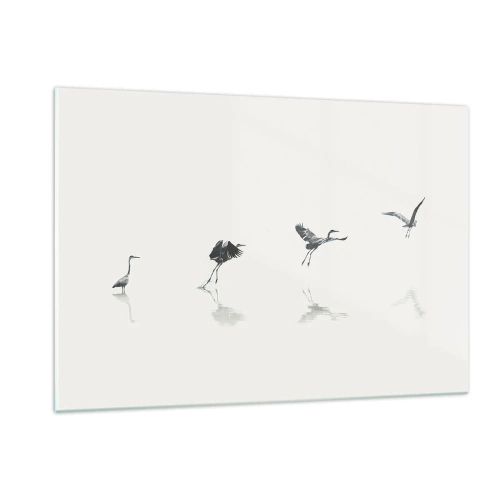 Obraz na szkle - Sylwetki czterech ptaków w ruchu nad wodą - 120x80cm - Cztery proste kroki - Nowoczesna dekoracja ścienna do salonu, kuchni i sypialni ARTTOR