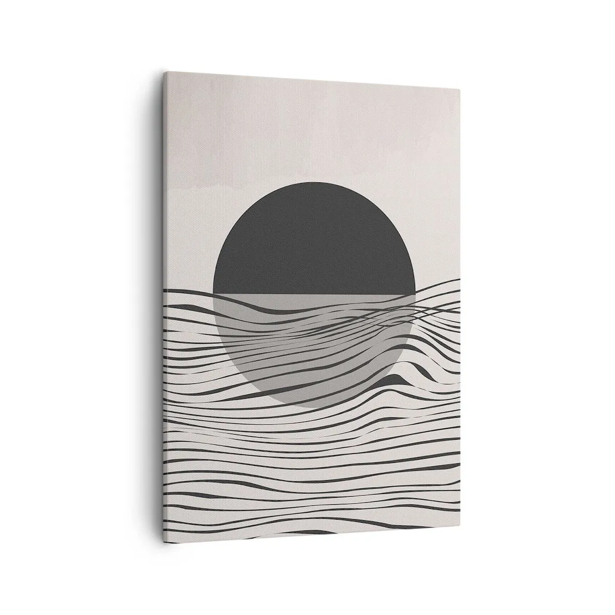 Obraz na płótnie - Abstrakcyjna kompozycja czarnego koła i falistych linii na jasnym tle - 50x70cm - Kompozycja połowiczna - Nowoczesna dekoracja ścienna do salonu, kuchni i sypialni ARTTOR