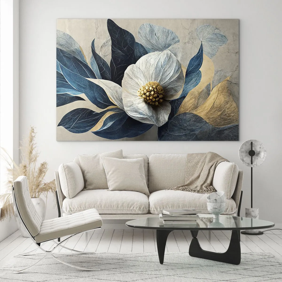 Obraz na szkle - Biała kwiatowa kompozycja z granatowymi liśćmi i złotym środkiem - 70x50cm - Ma złote serce - Nowoczesna dekoracja ścienna do salonu i sypialni ARTTOR