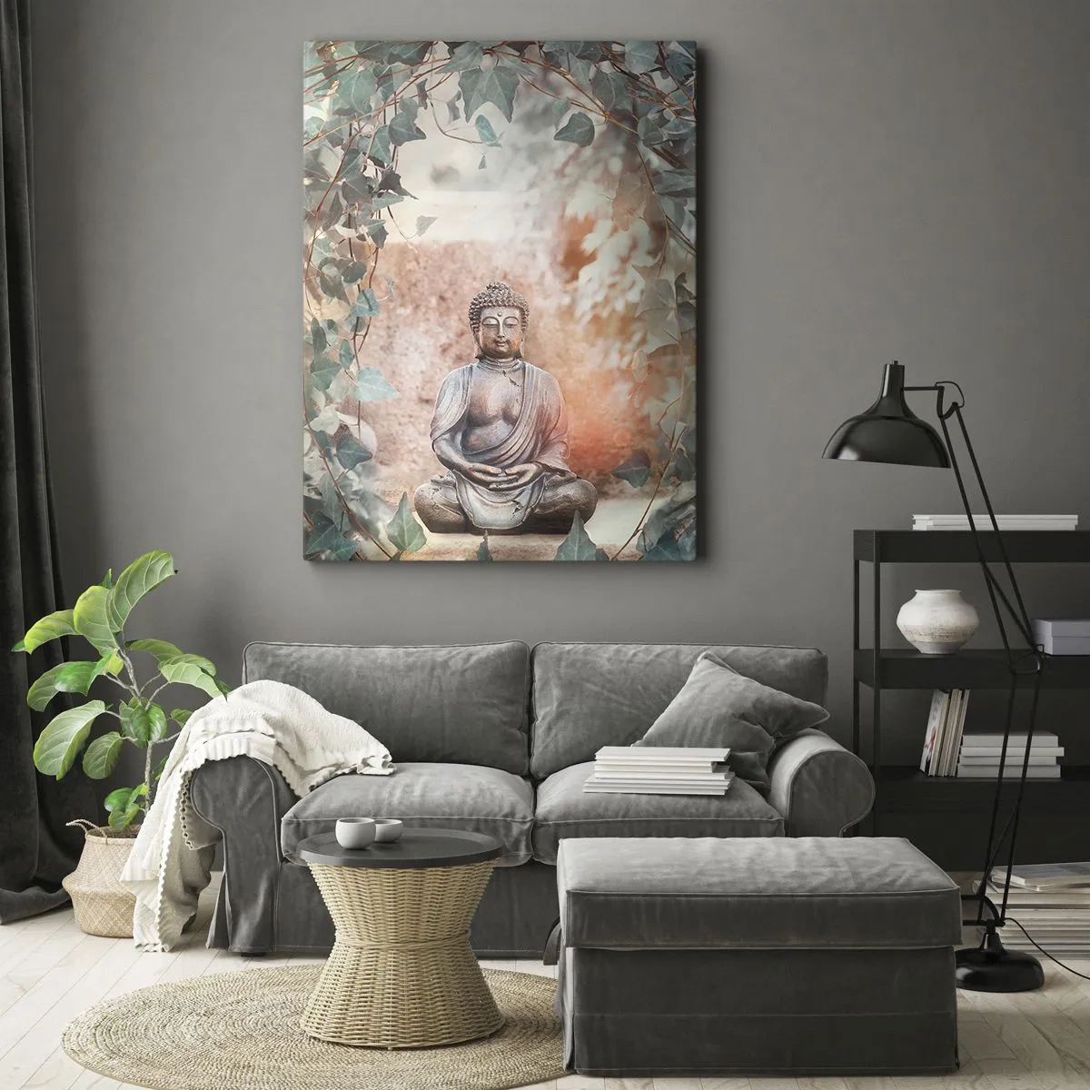 Obraz na płótnie - Posąg Buddy otoczony bluszczem i delikatnym światłem w harmonijnym otoczeniu natury - 50x70cm - Radosna harmonia - Nowoczesna dekoracja ścienna do salonu, kuchni i sypialni ARTTOR