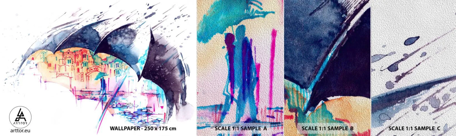 Fototapeta Próbka Premium Sand - Spacer w deszczu - Abstrakcja, Parasol, Architektura - 100x30 cm