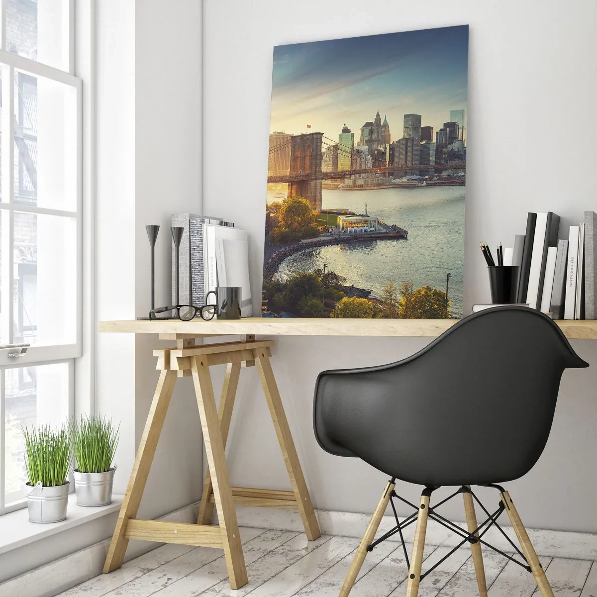 Obraz na szkle - Panorama Nowego Jorku z mostem Brooklyn - 50x70cm - Wielkomiejski świt - Nowoczesna dekoracja ścienna do salonu, kuchni i sypialni ARTTOR