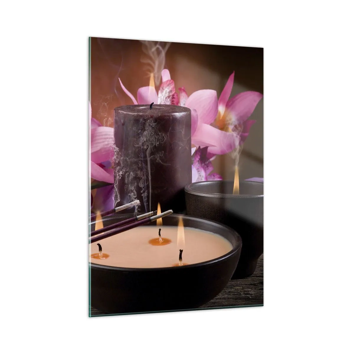 Obraz na szkle - Kompozycja relaksacyjna z Buddą, świecami i kwiatami - 50x70cm - Oczyścić umysł, uspokoić ciało - Nowoczesna dekoracja ścienna do salonu, kuchni i sypialni ARTTOR