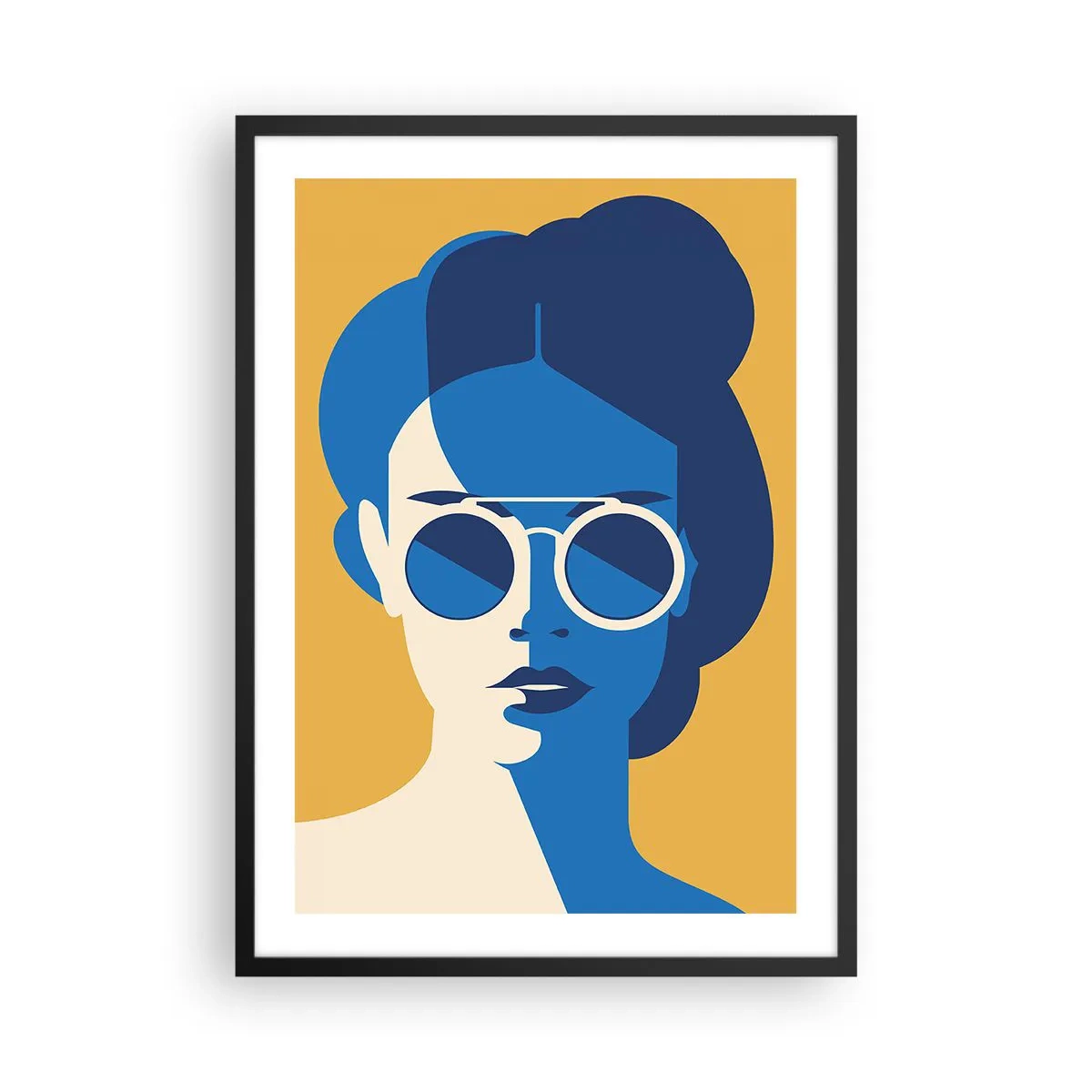 Plakat w czarnej ramie - Abstrakcyjny portret kobiety w okularach przeciwsłonecznych - 50x70cm - Wakacyjny look - Nowoczesna dekoracja ścienna do salonu i sypialni ARTTOR