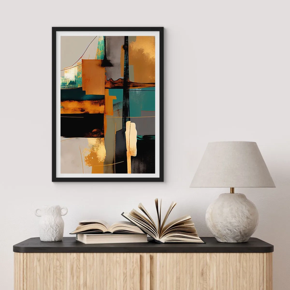 Plakat w czarnej ramie - Abstrakcyjna kompozycja w odcieniach złota i turkusu - 50x70cm - Abstrakcja – światło i cień - Nowoczesna dekoracja ścienna do salonu i sypialni ARTTOR