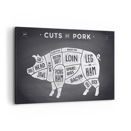 Obraz na płótnie - Diagram cięć wieprzowych na czarnym tle - 120x80cm - Elementarz masarza - Nowoczesna dekoracja ścienna do salonu, kuchni i sypialni ARTTOR