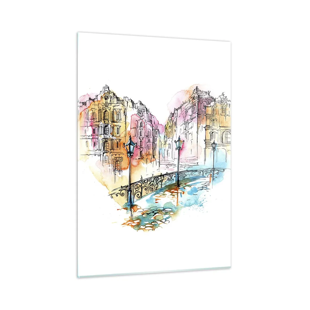 Obraz na szkle - Romantyczne kamienice z mostem w kształcie serca, akwarela - 50x70cm - Serce miasta - Nowoczesna dekoracja ścienna do salonu, kuchni i sypialni ARTTOR