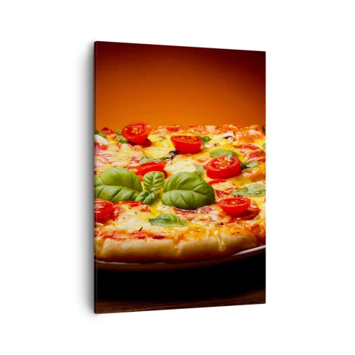 Obraz na płótnie - Pizza z pomidorami, bazylią i roztopionym serem na talerzu - 50x70cm - Mamma mia! - Nowoczesna dekoracja ścienna do salonu, kuchni i sypialni ARTTOR