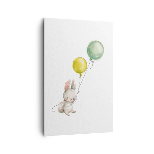 Obraz na płótnie - Królik trzymający balony w pastelowych odcieniach - 80x120cm - Też polecę! - Nowoczesna dekoracja ścienna do salonu i sypialni ARTTOR