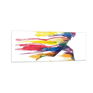 Obraz na szkle - Biegacz w abstrakcyjnych kolorach symbolizujący dynamikę i energię - 140x50cm - Bieg przez tęczę - Nowoczesna dekoracja ścienna do salonu i sypialni ARTTOR