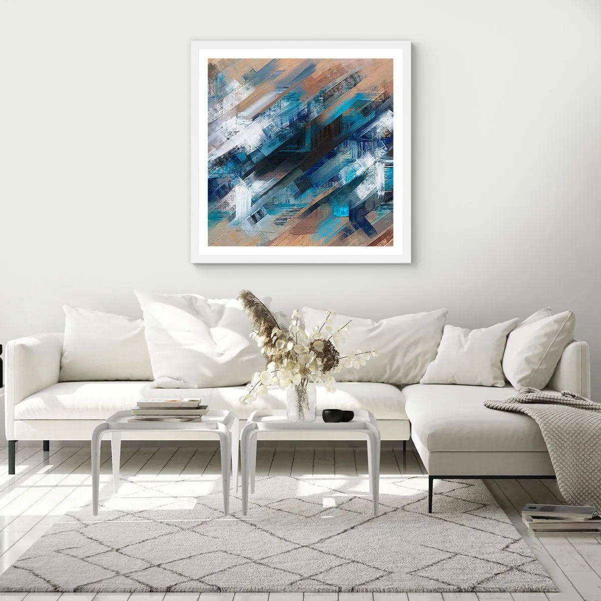 Plakat w białej ramie - Po błękitnym skosie - 60x60 cm