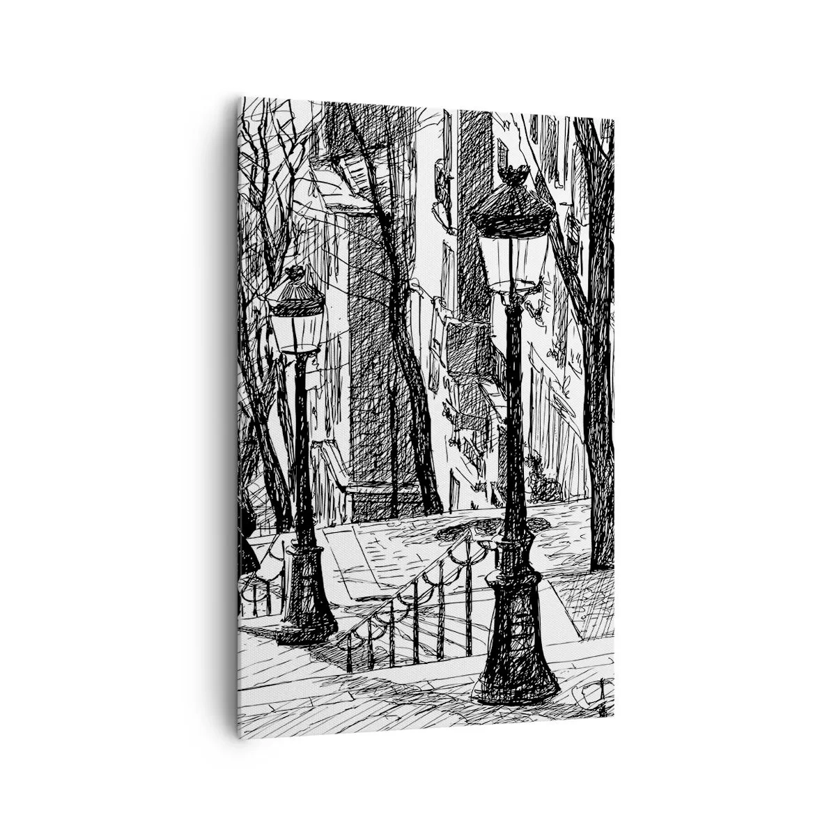 Obraz na płótnie - Ulica z lampami i sylwetką człowieka w technice szkicowej - 80x120cm - Historia miłosna czy opowieśc grozy? - Nowoczesna dekoracja ścienna do salonu i sypialni ARTTOR