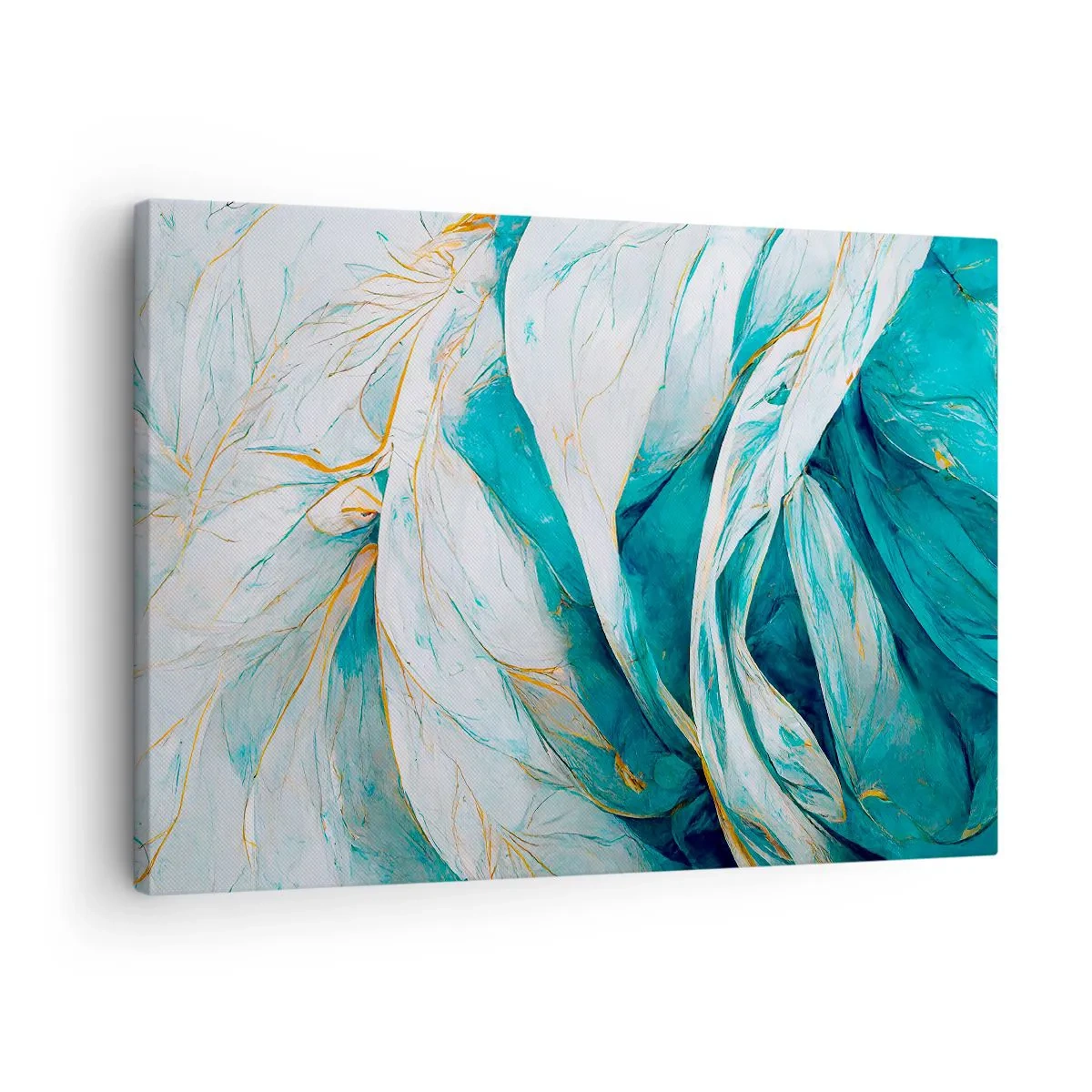 Obraz na płótnie - Abstrakcyjne błękitne liście ze złotymi detalami - 70x50cm - Błękitna abstrakcja z motywem złota - Nowoczesna dekoracja ścienna do salonu i sypialni ARTTOR