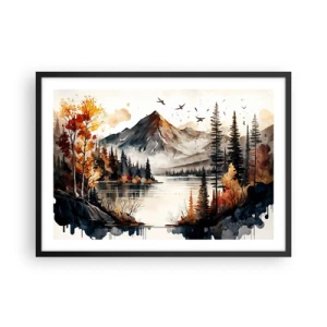 Plakat w czarnej ramie - Jesienny krajobraz górski z jeziorem i drzewami akwarelą - 70x50cm - Złota jesień w górach - Nowoczesna dekoracja ścienna do salonu i sypialni ARTTOR