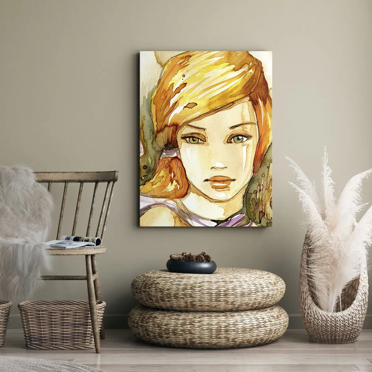 Obraz na płótnie - Akwarelowy portret młodej kobiety o złotych włosach - 50x70cm - Szmaragdowe spojrzenie, co ucisza gniew - Nowoczesna dekoracja ścienna do salonu, kuchni i sypialni ARTTOR