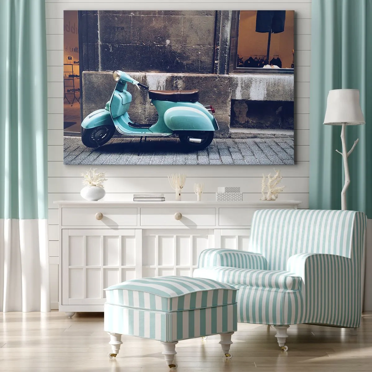 Obraz na płótnie - Retro skuter zaparkowany przy kamiennej ścianie - 120x80cm - Niezapomniane klimaty - Nowoczesna dekoracja ścienna do salonu, kuchni i sypialni ARTTOR