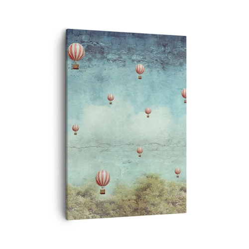 Obraz na płótnie - Balony na ogrzane powietrze unoszące się nad lasem na tle nieba - 50x70cm - Wolni od zgiełku życia - Nowoczesna dekoracja ścienna do salonu, kuchni i sypialni ARTTOR
