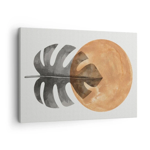 Obraz na płótnie - Liść monstery i złote koło na jasnym tle - 70x50cm - Zawsze słońce - Nowoczesna dekoracja ścienna do salonu i sypialni ARTTOR