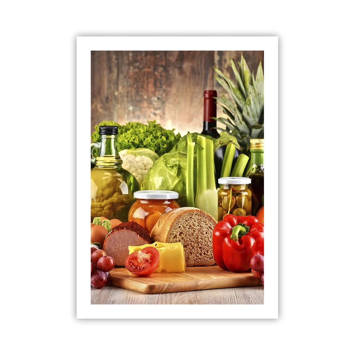 Plakat - Kolorowe warzywa i produkty spożywcze na drewnianym tle - 50x70cm - Wędzone, pieczone, marynowane - Nowoczesna dekoracja ścienna do salonu, kuchni i sypialni ARTTOR