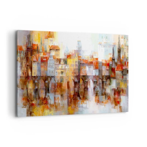 Obraz na płótnie - Malownicza panorama miasta z mostem w jesiennych barwach - 120x80cm - Pod mostem też pięknie - Nowoczesna dekoracja ścienna do salonu, kuchni i sypialni ARTTOR