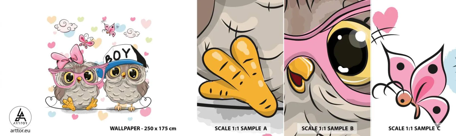 Fototapeta Próbka Samoprzylepna Deluxe Sticker - Kochajmy się! - Dla Dzieci, Sowa, Motyl - 100x30 cm