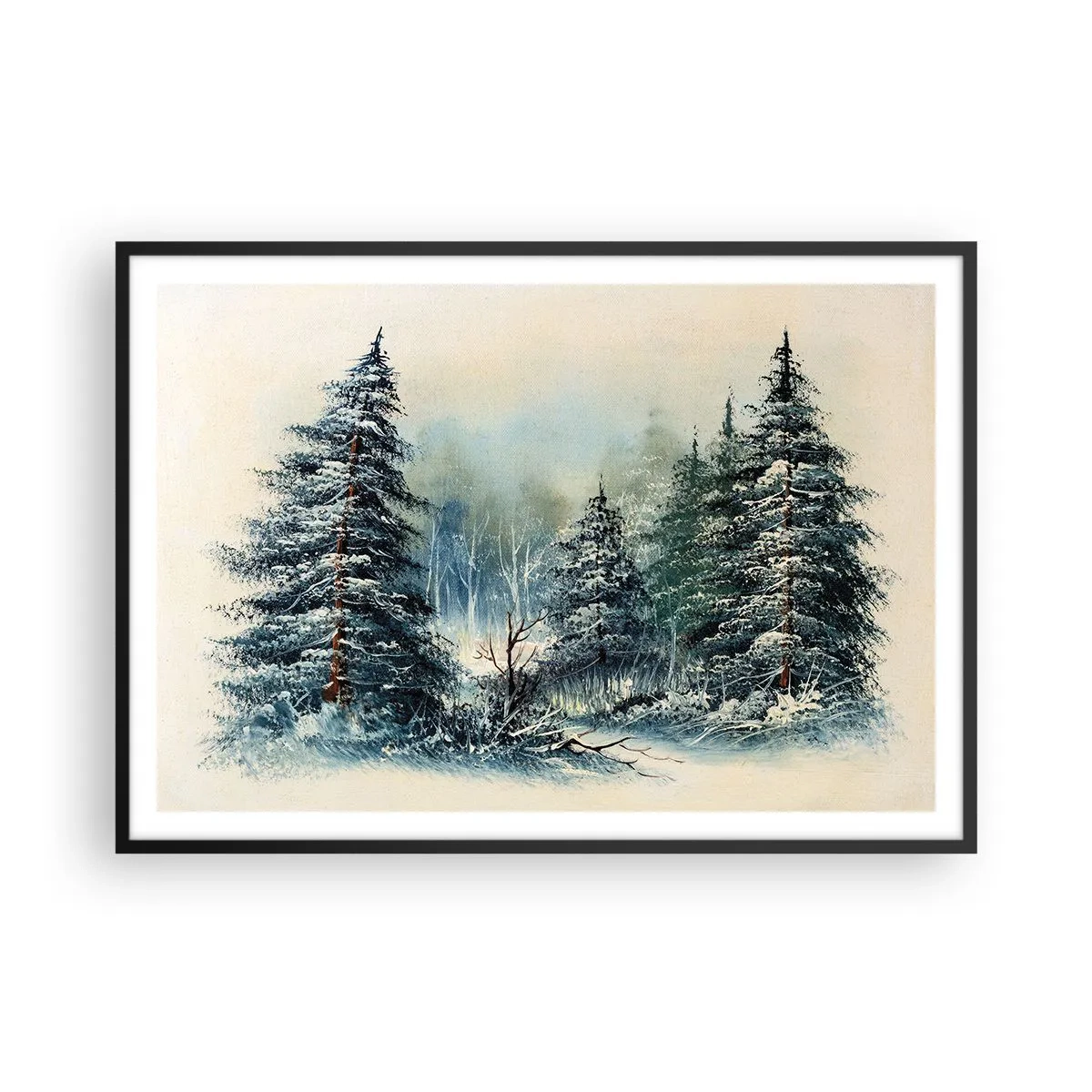 Plakat w czarnej ramie - Zimowy krajobraz z zaśnieżonymi drzewami - 100x70cm - Gotowe do Świąt - Nowoczesna dekoracja ścienna do salonu i sypialni ARTTOR