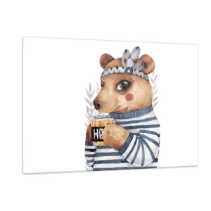 Obraz na szkle - Miś w paski z kubkiem miodu i piórami - 120x80cm - Słodka Misia - Nowoczesna dekoracja ścienna do salonu, kuchni i sypialni ARTTOR